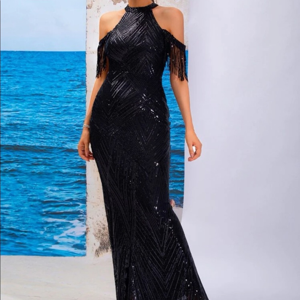 Small - Sequin mermaid dress with beaded off the shoulder fringe